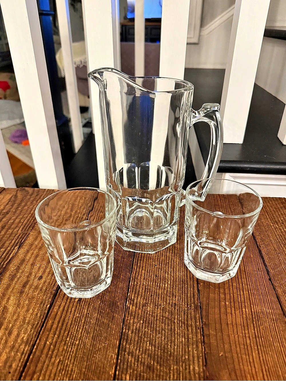 Vintage Clear Glass Pitcher and Two Tumblers Beverage Set